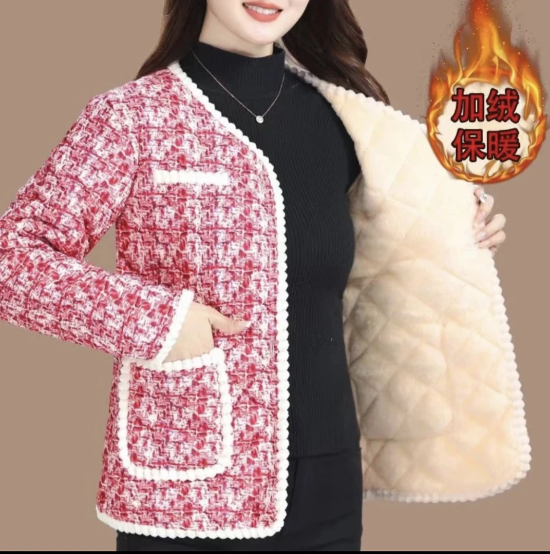 高档加绒加厚妈妈装小花袄冬季小香风外套网红爆款减龄显瘦花棉衣