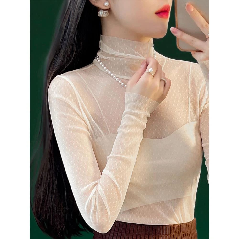 气质高领蕾丝打底衫女春秋新款洋气内搭透明薄款秋冬加绒网纱上衣