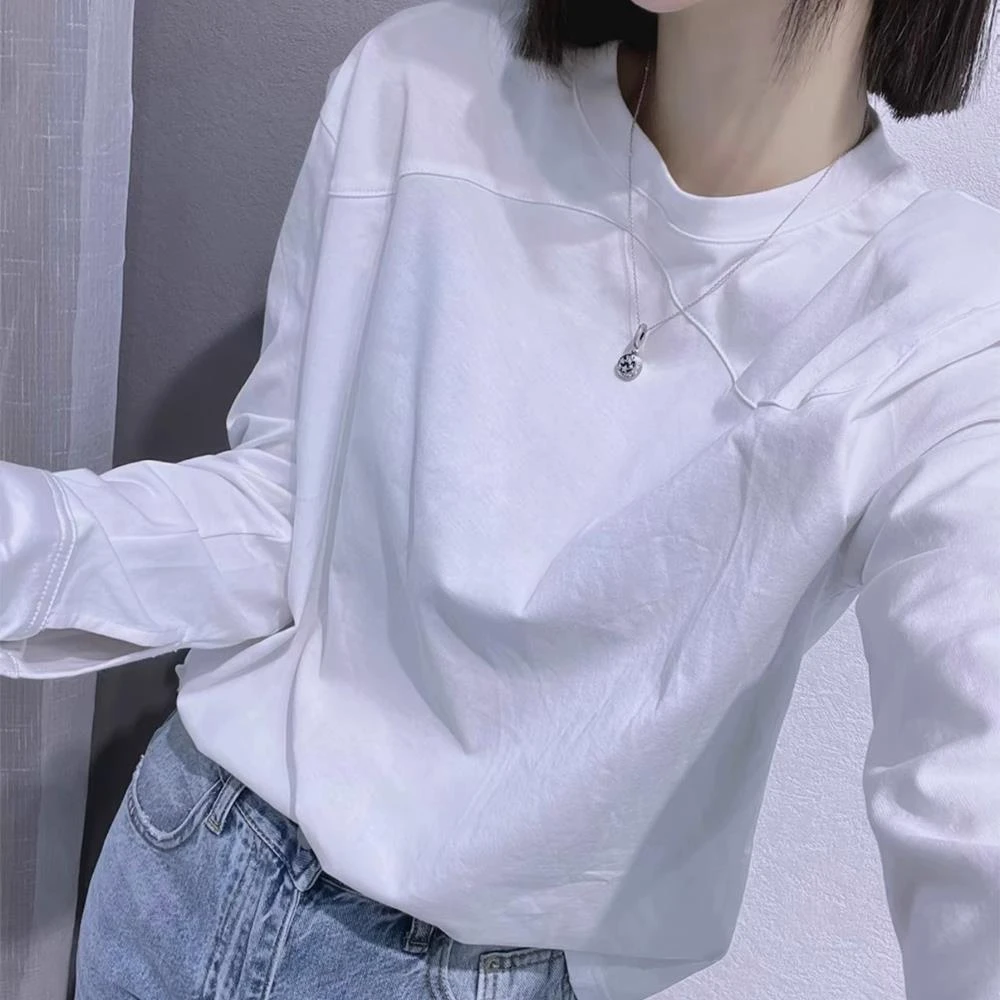 白色长袖恤女秋装新款宽松欧货小衫时尚女装内搭衣正肩上衣