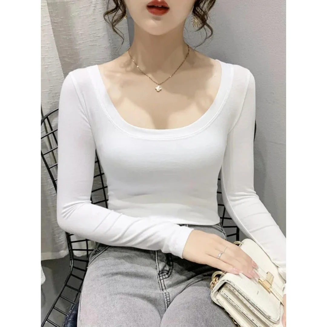 白色低领贴身打底衫女洋气内搭棉质长袖恤秋冬大领口领紧身上衣