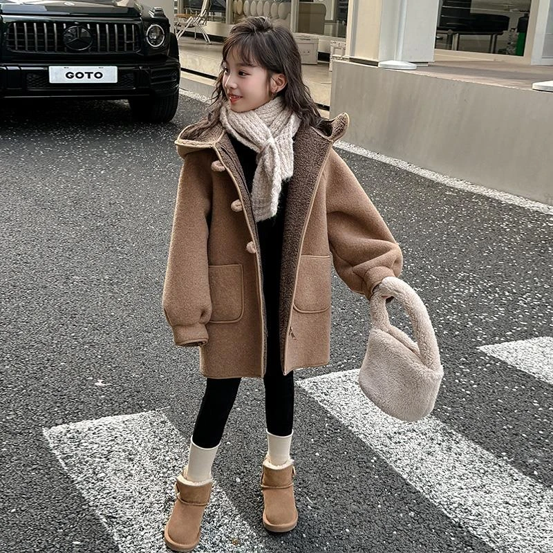 女童毛呢外套冬装新款洋气韩版儿童加厚中长款女大童呢子大衣