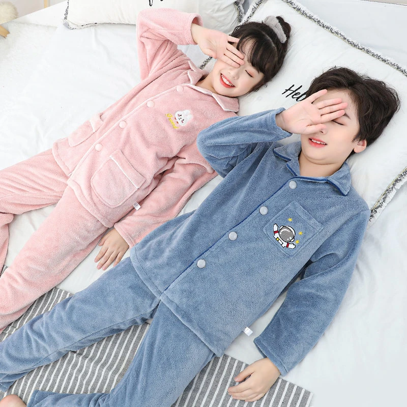 2024新款儿童家居服套装男童加绒加厚款法兰绒睡衣保暖秋冬季女童