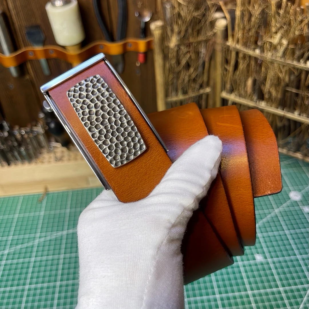 【友道】3.8宽头层牛皮皮质耐用无牙自动扣常规厚度白铜白钢配件