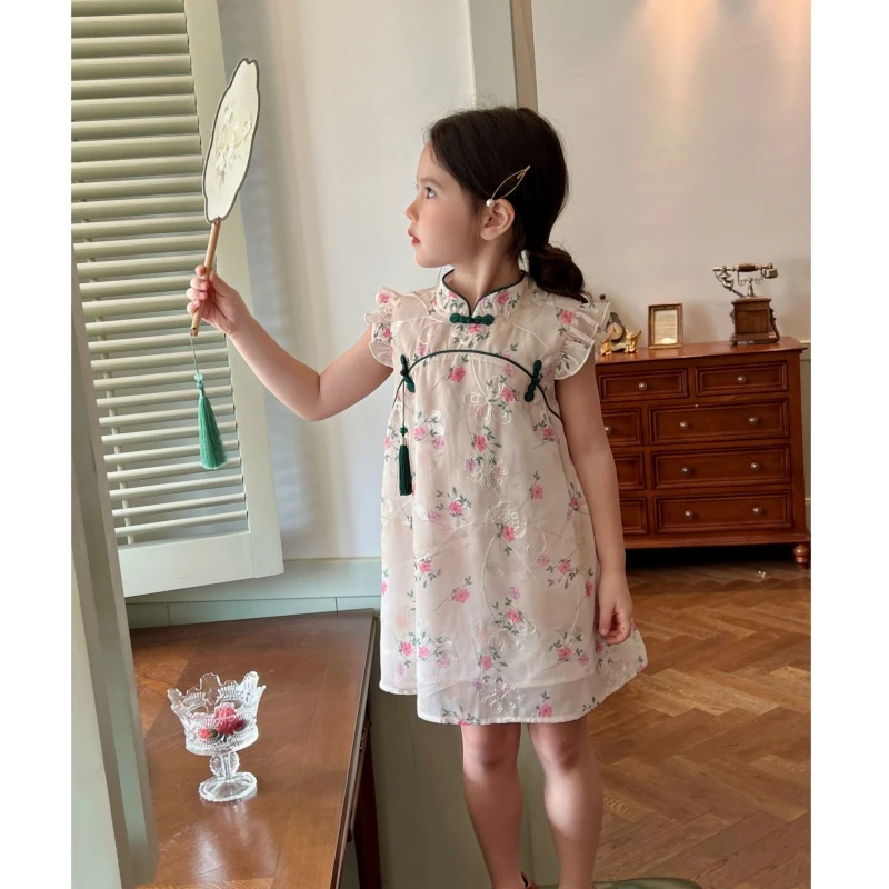现货【花漾】2024新款夏装3893女童新中式碎花连衣裙复古旗袍裙