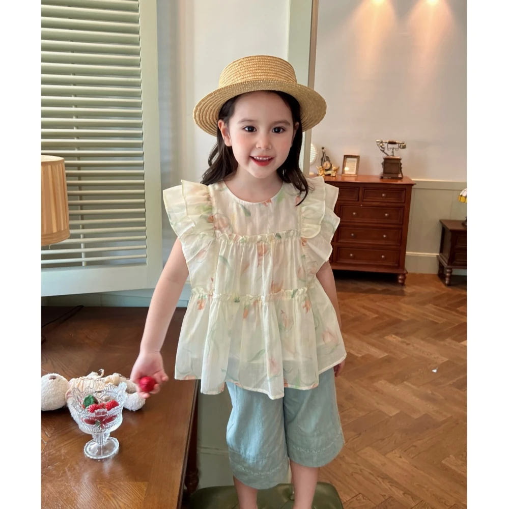 现货【郁金香上衣】3896女童夏季新款娃娃衫公主儿童甜美无袖上衣