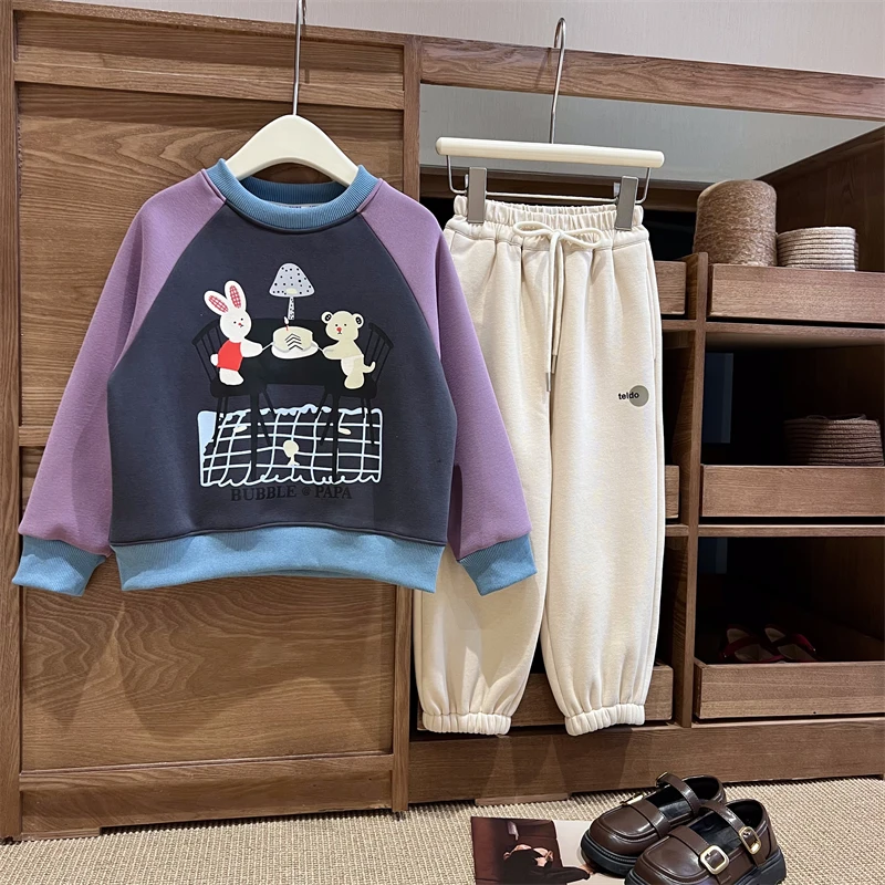 现货【兔子卫衣】4598加绒加厚一体绒舒适女童百搭洋气拼接卡通卫衣