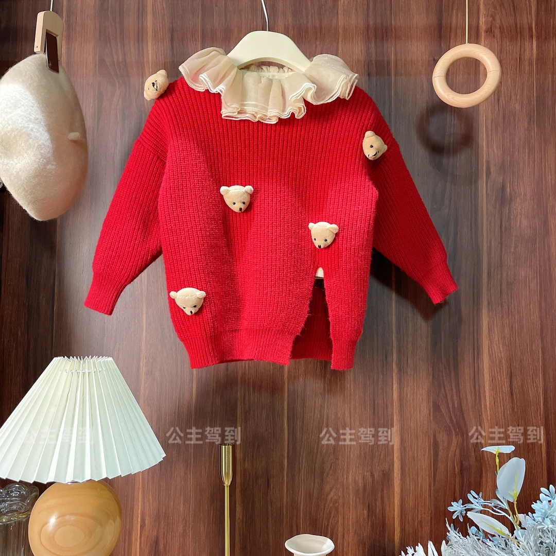 现货【立体小熊】1926女童秋冬针织毛衣女宝宝时尚儿童长袖小熊复古