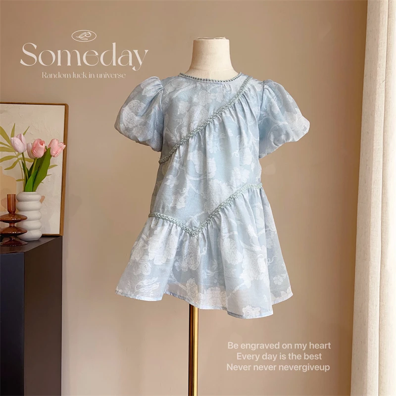 现货【依娅】2024新款夏装9833公主女童甜美蓝色碎花连衣裙泡泡袖裙