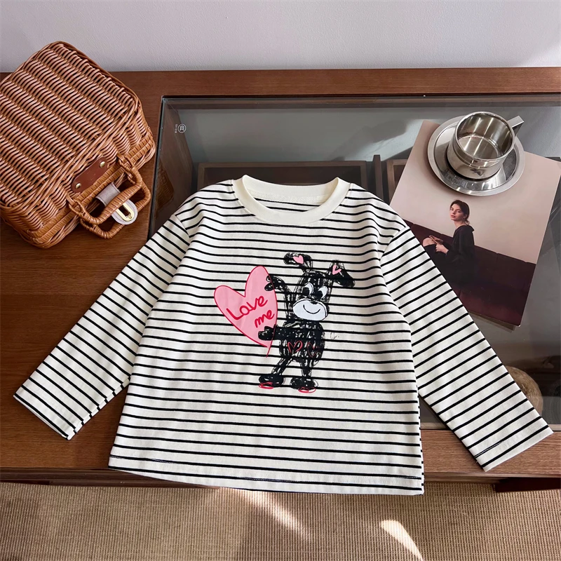 现货【条纹小狗T】95棉春装4723女童圆领卡通洋气百搭新款T恤长袖