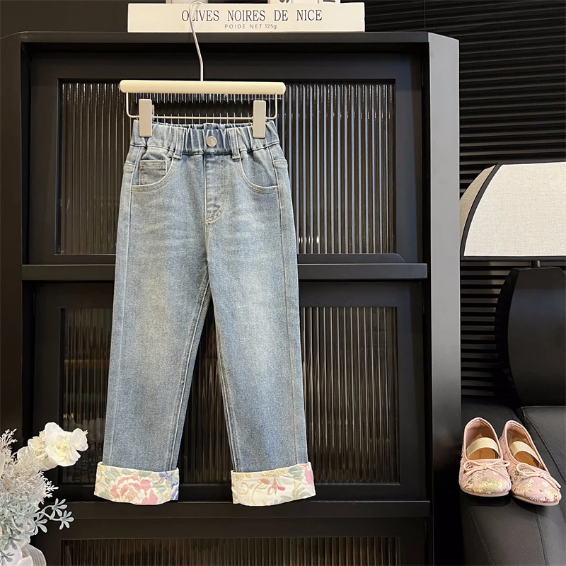 现货【锦芍】水洗软牛仔棉4904女童新中式牛仔长裤有弹力单层不加绒