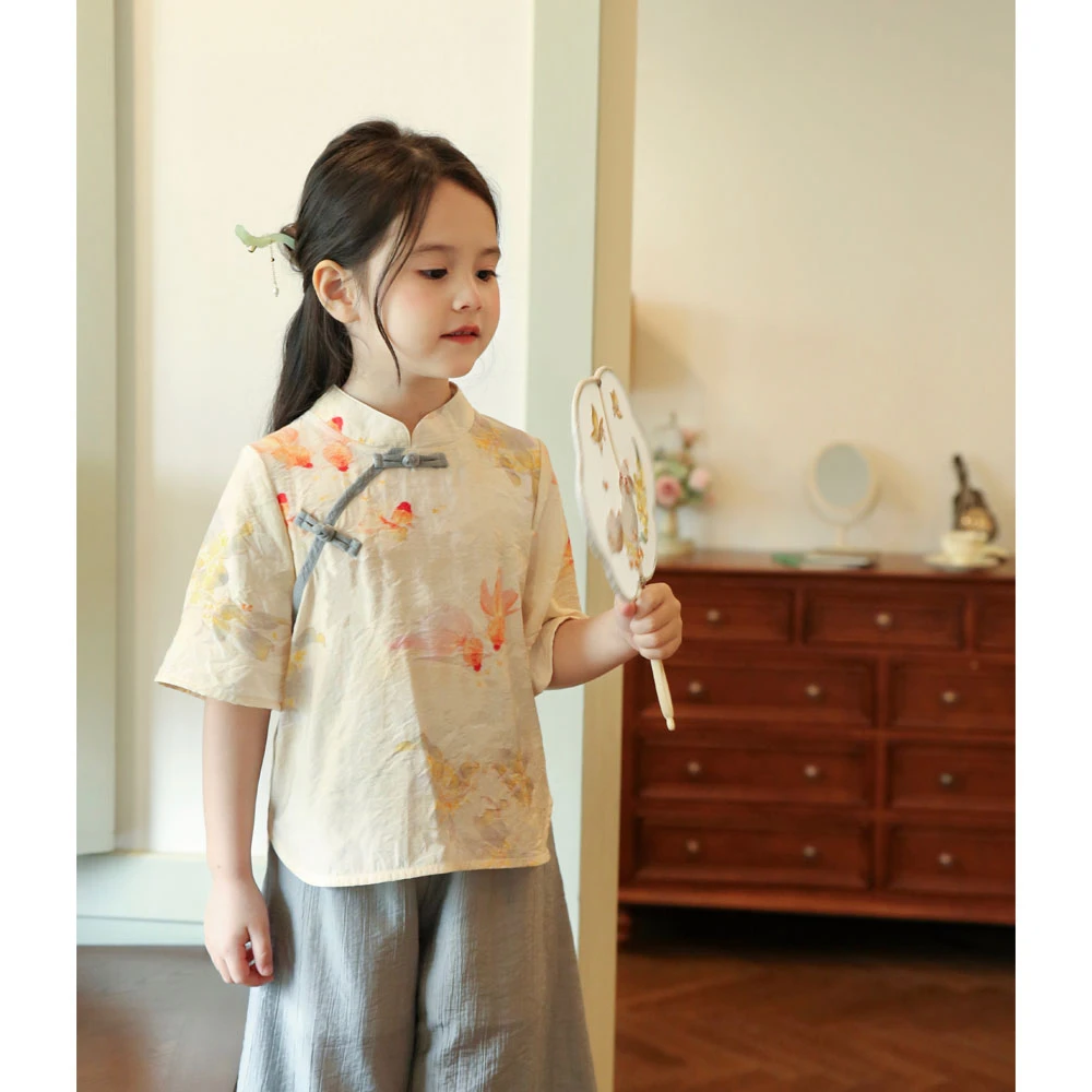 现货【锦鲤】2024新款夏装9897女童新中式古风花色复古上衣