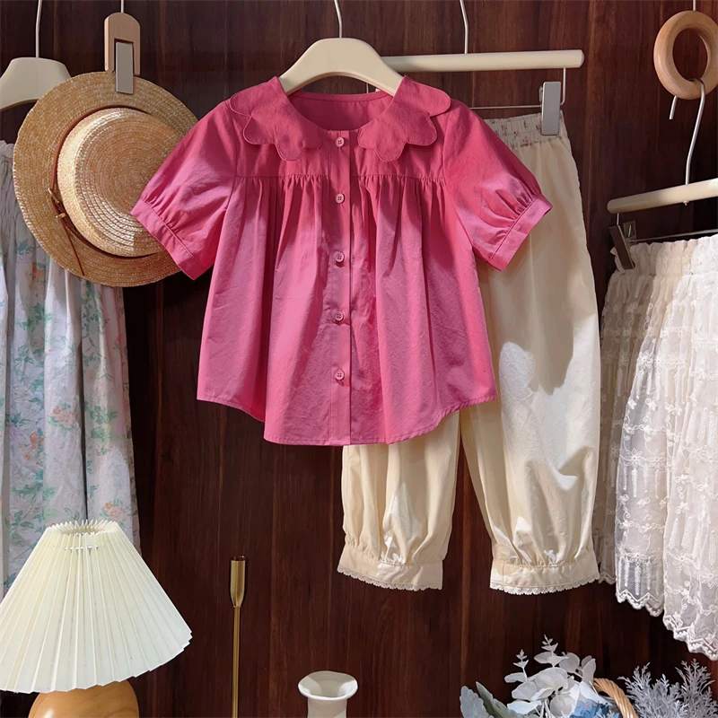 现货【红莓酱】2024夏季新款9592儿童纯色短袖上衣女童百搭纯棉衬衫