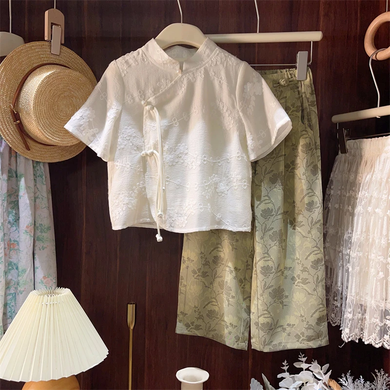 现货【云沁】2024夏装新款8870女童新中式古风立体小花上衣中国风