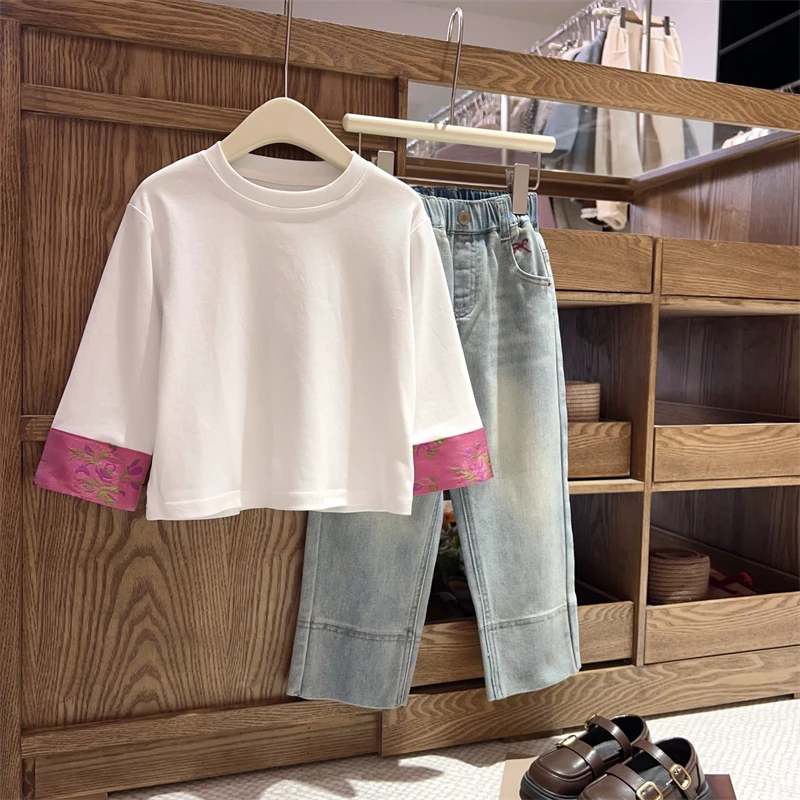 现货【未央】100%棉不加绒3113女童长袖国风舒适透气女孩T恤