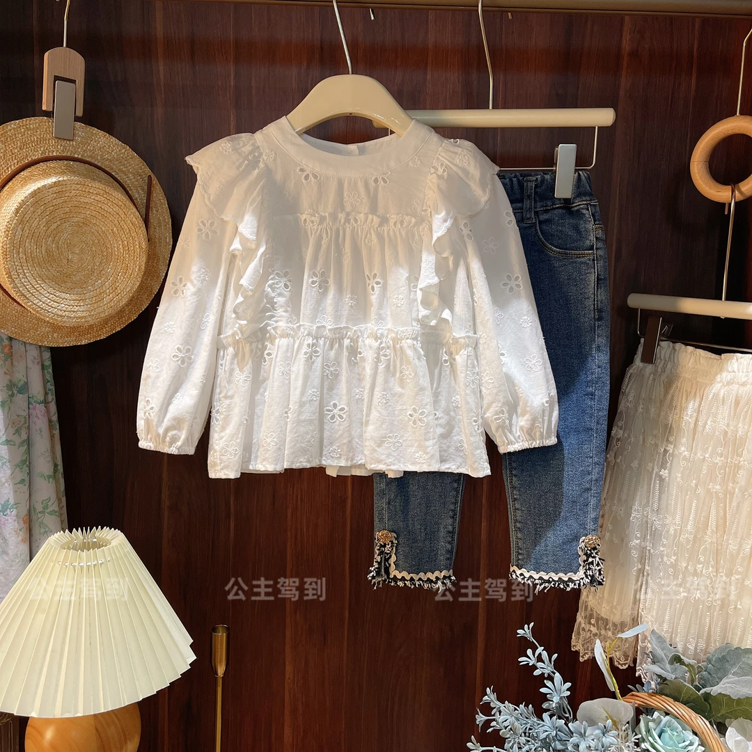 现货【雪莉】7498春装2024年新款女童时尚洋气白色长袖气质休闲上衣