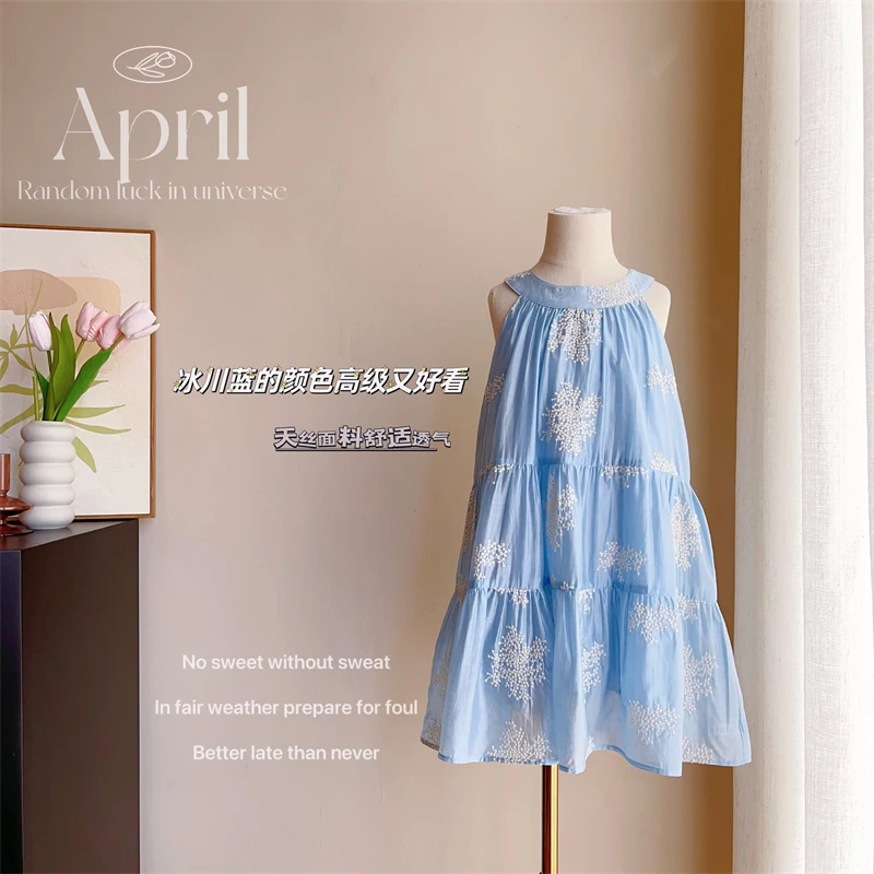 现货【颂兰】2024新款夏装5844公主女童洋气蓝色碎花无袖连衣裙儿童