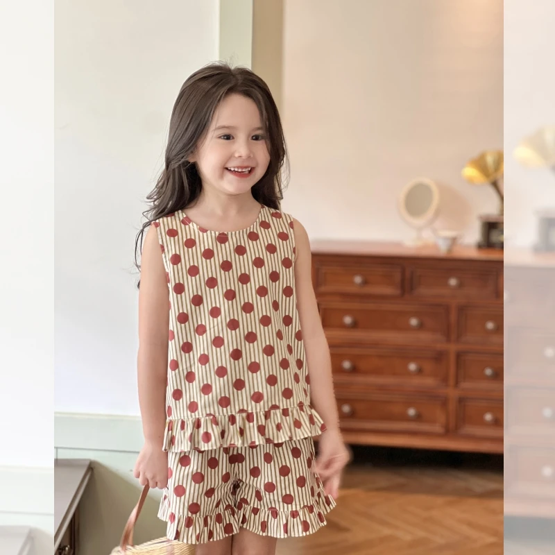 现货【红波点套装】2024新款夏装9222女童宝宝甜美波点吊带两件套