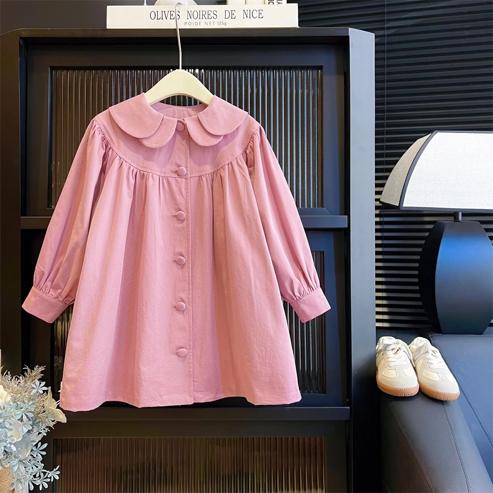 现货【伊芙】100%棉4816女童甜美中长款宽松风衣儿童气质娃娃领外套