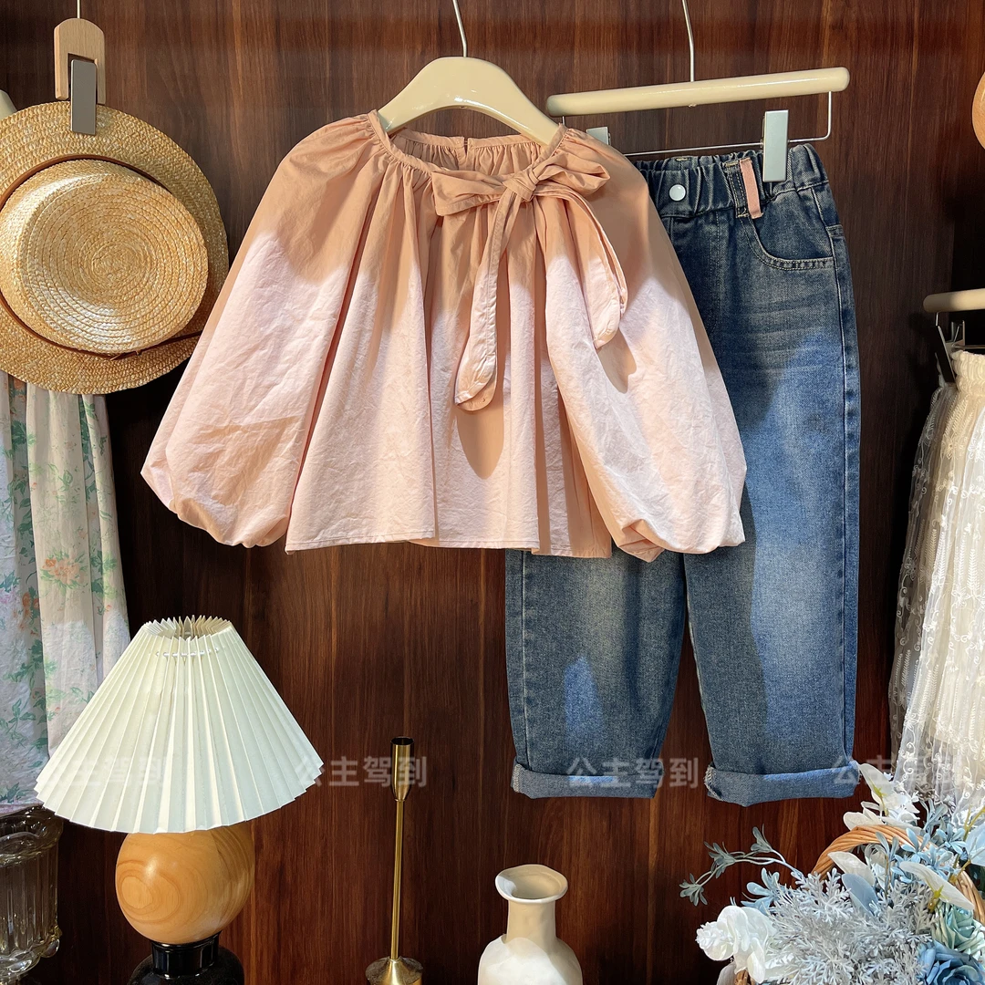 现货【粉柚】8119女童公主纯棉洋气泡泡袖上衣儿童秋季粉色娃娃衫