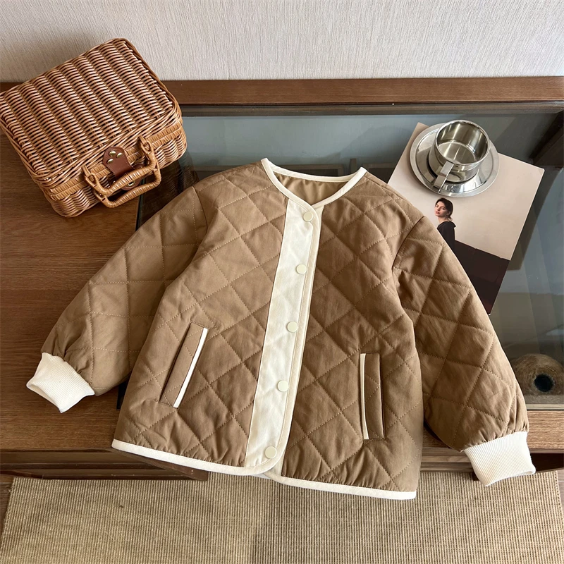 现货【茶柚】100棉4841夹棉加厚女童纯色洋气外套韩版百搭保暖棉服