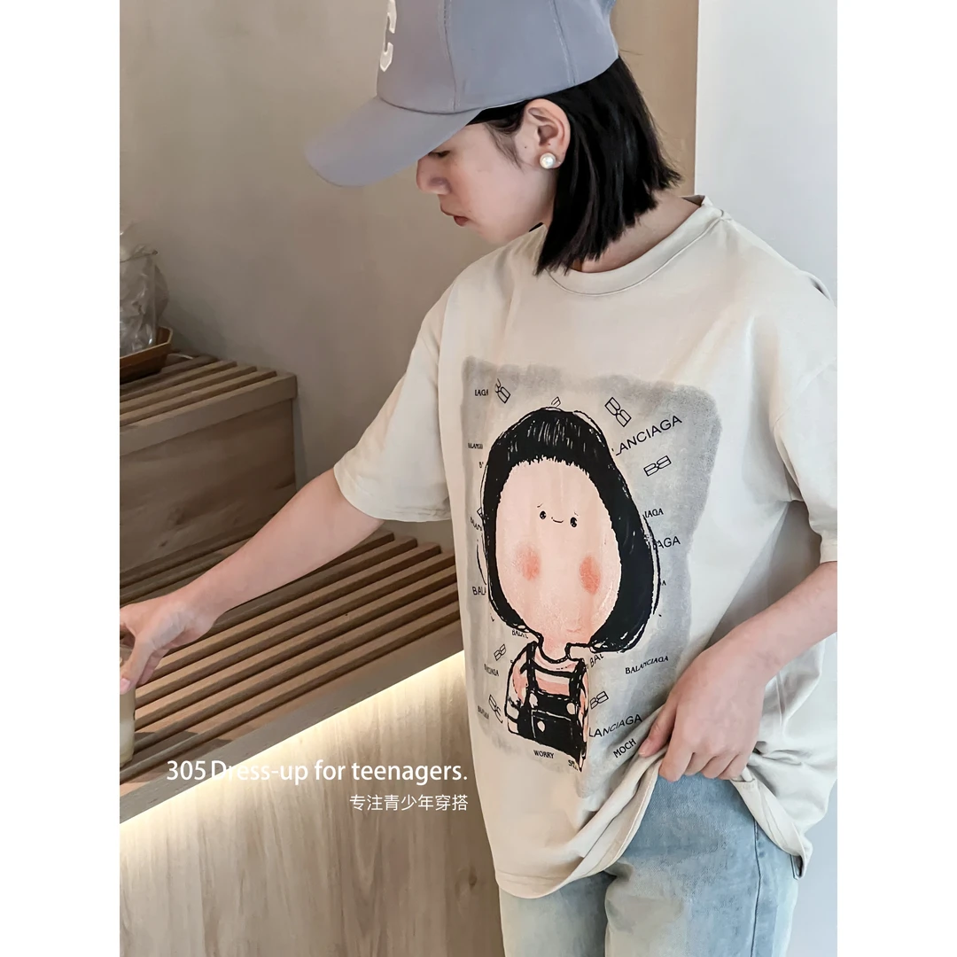 【2024夏季新品】青少年印花韩版纯棉时尚ins宽松圆领T恤HW387