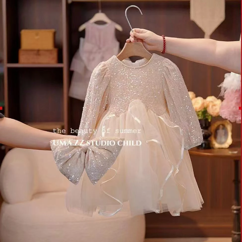 女童2024秋季新款时尚韩版蝴蝶结连衣裙公主礼服连衣裙