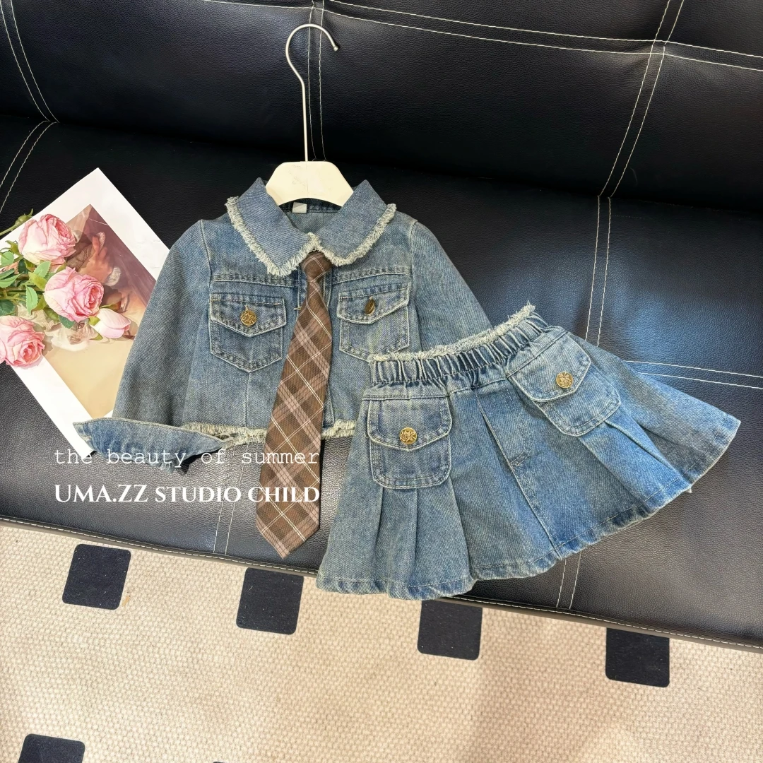 【牛仔】女童套装2025春季新款百搭韩版牛仔外套+牛仔半身裙两件