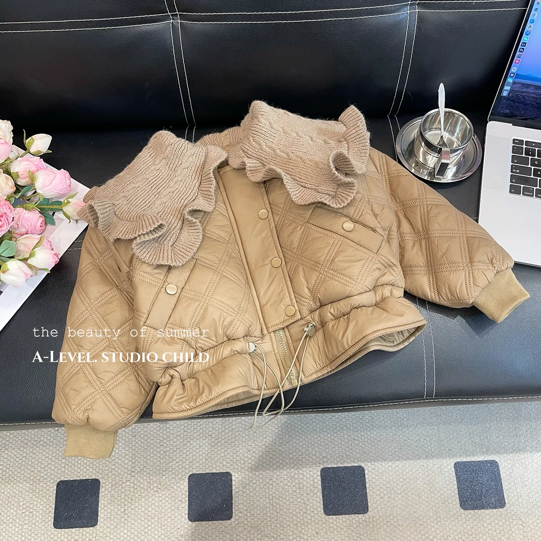 女童棉衣冬2023冬季新款百搭加绒加厚毛线领韩版秋冬洋气派克服
