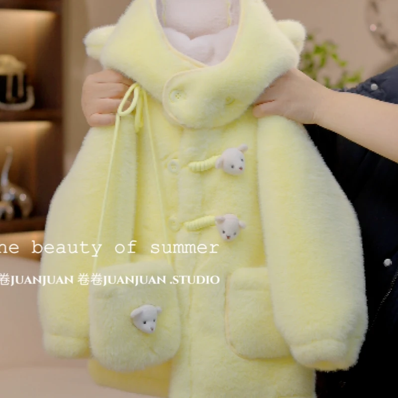 女童2024冬款毛毛外套草草可爱风熊耳朵加绒加厚时尚女童外套