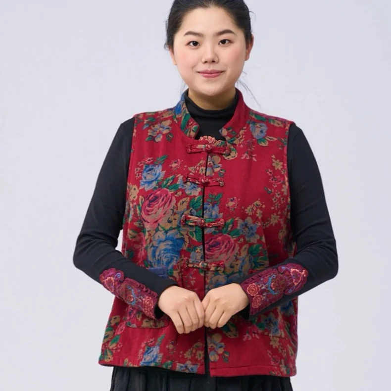 <暖意加绒2>民族风马甲女冬季外穿棉麻无袖中式复古坎肩背心2188