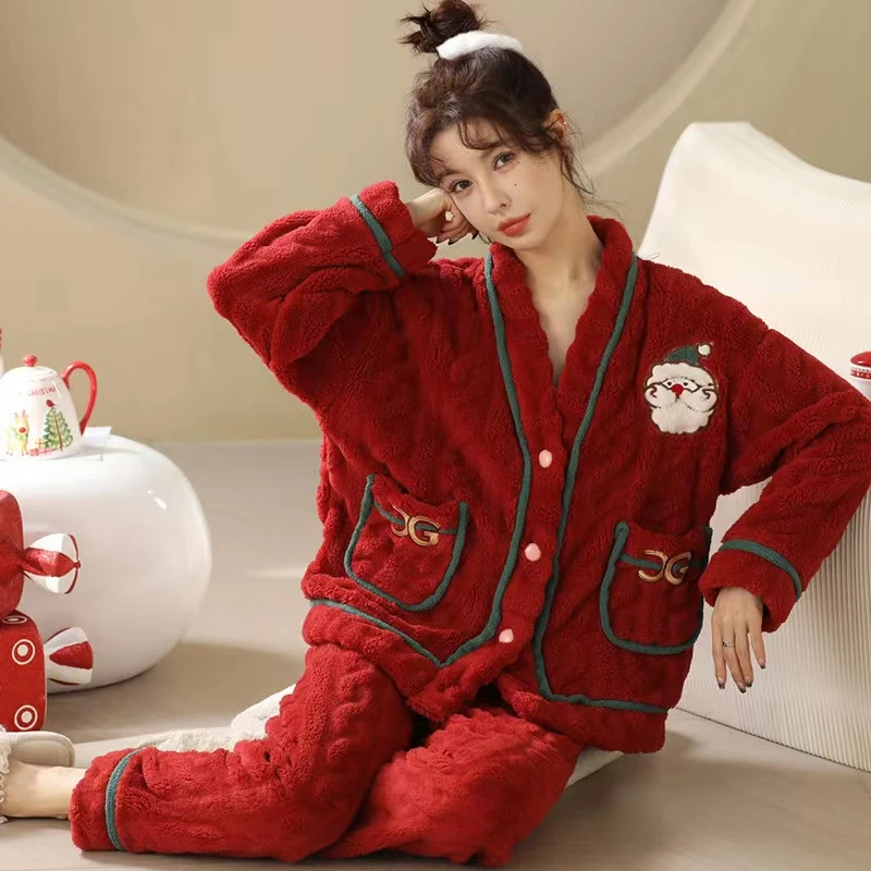 圣诞恋歌 睡衣女秋冬新款珊瑚绒加厚加绒保暖家居服套装可外穿