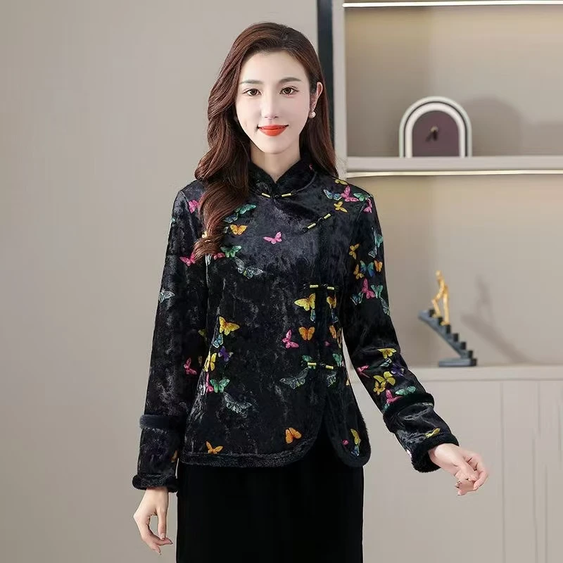 新中式复古盘扣秋冬新款蝴蝶印花加绒加厚保暖时尚国风休闲上衣女