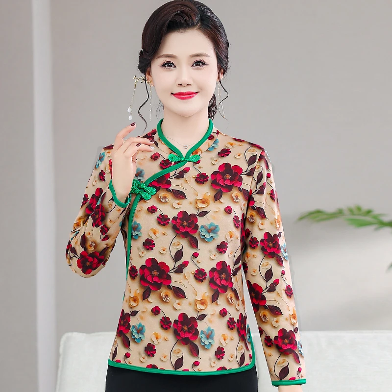 中国风盘扣子小衫秋装新款保暖上衣妈妈装古风显瘦遮肚长袖打底衫