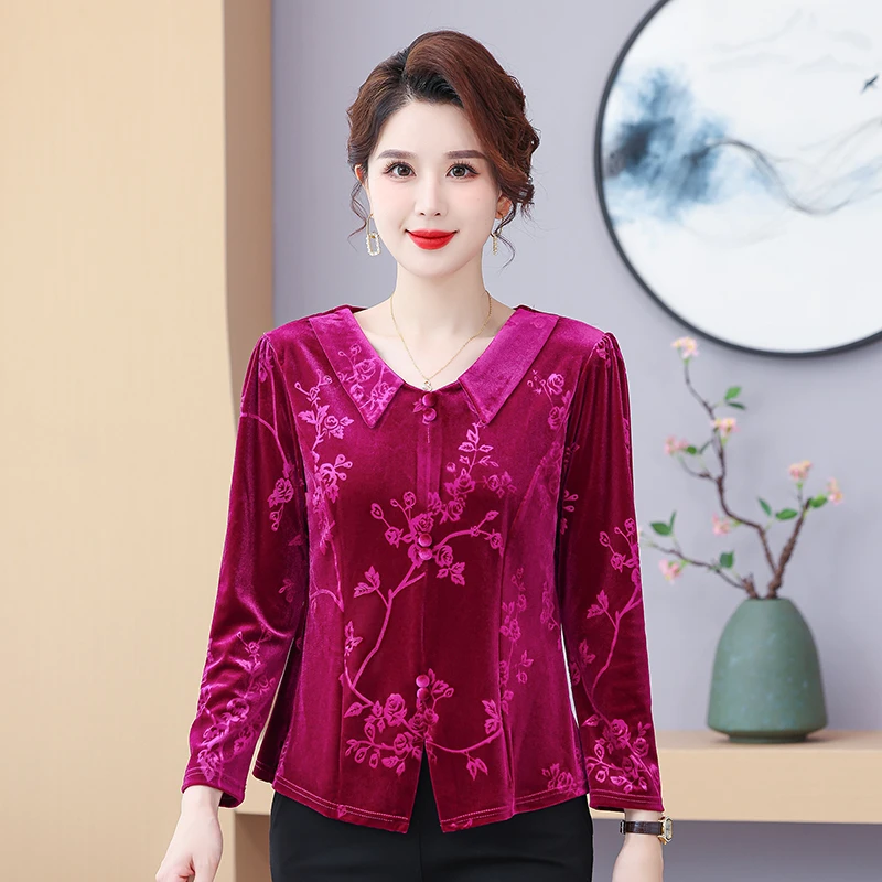 2024新款洋气中老年女装大码长袖翻领宽松上衣妈妈春秋丝绒打底衫