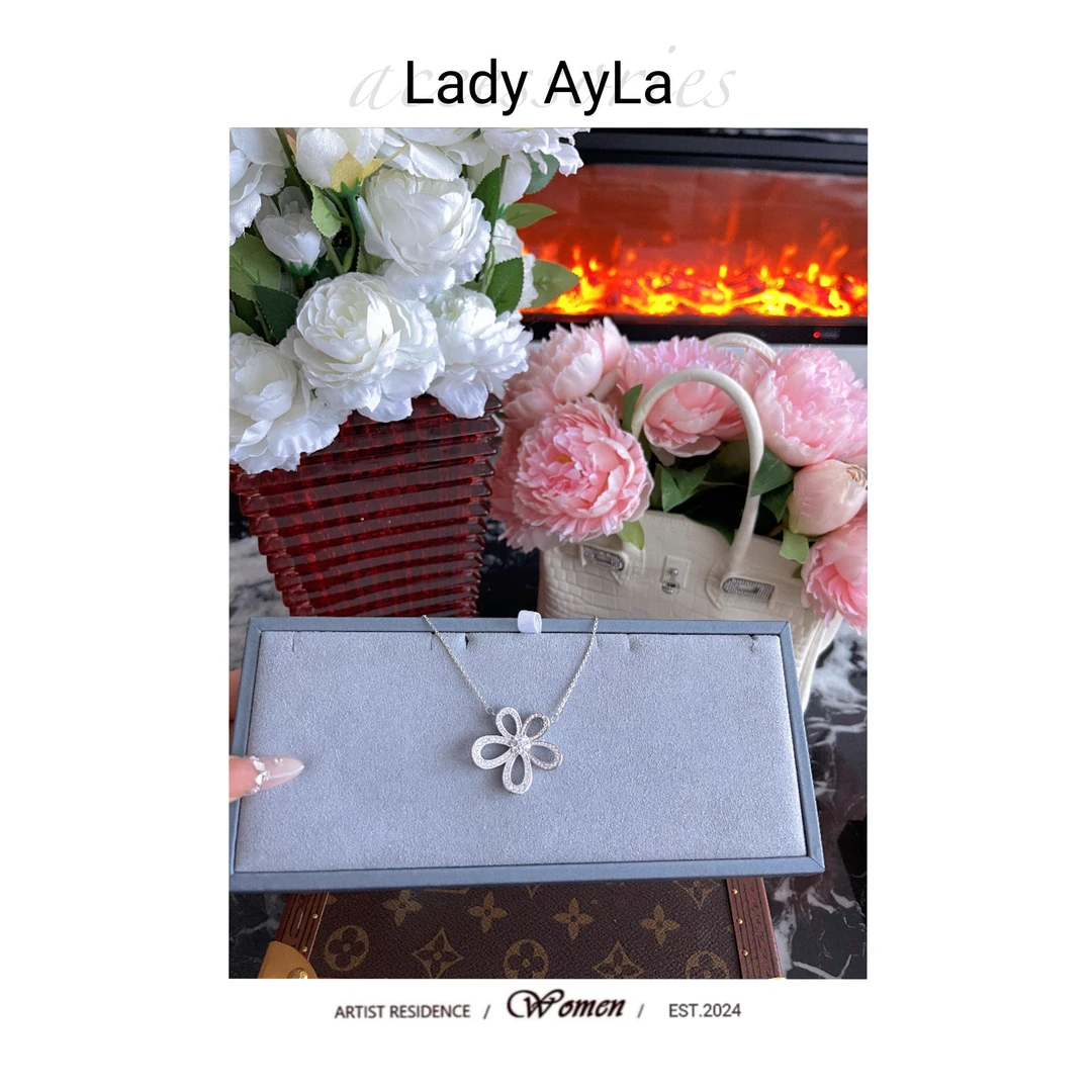 坠链均925银合成锆石 大花花轻奢时尚简约小众项链AL354