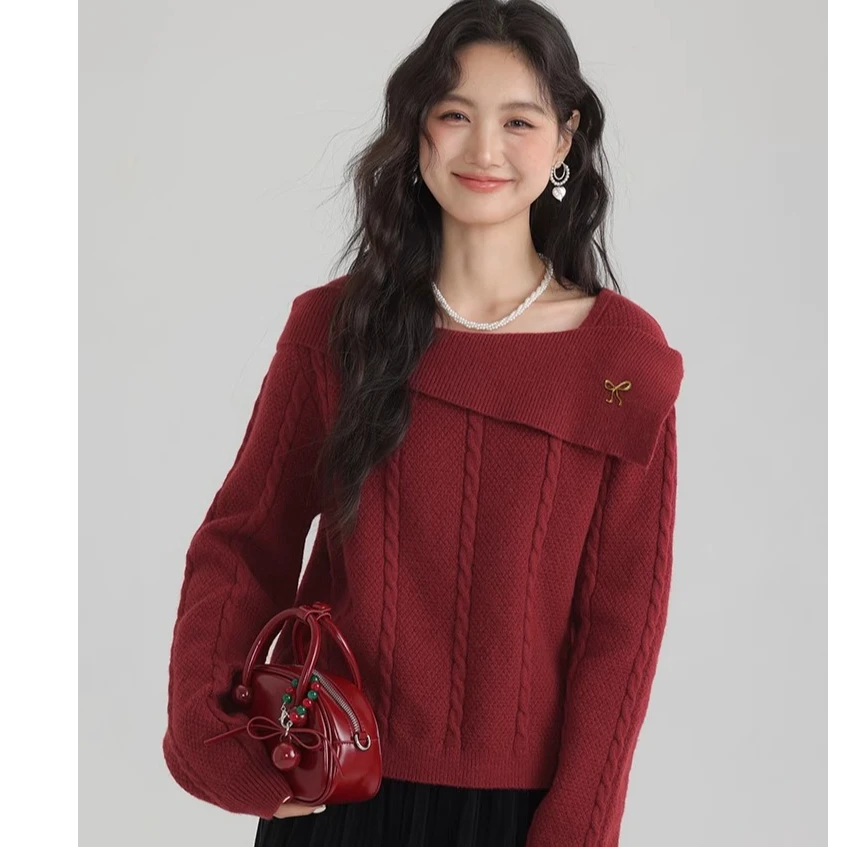 【大码】081大码法式红色毛衣女新款气质方领打底衫女秋冬针织上衣