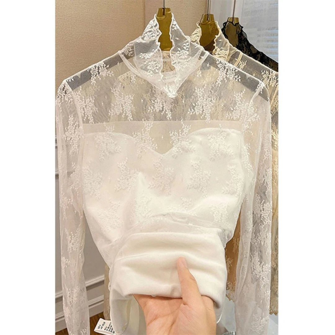 半高领白色蕾丝打底衫女春秋款中领网纱长袖纱衣秋冬内搭小衫上衣