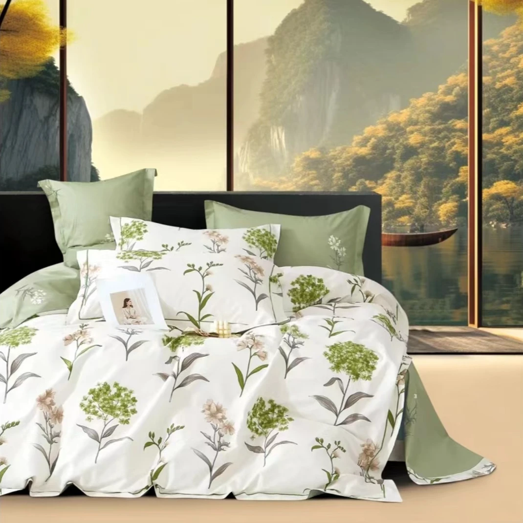 芸菀-绿--160支匹马棉全棉加厚高支高密轻奢印花四件套