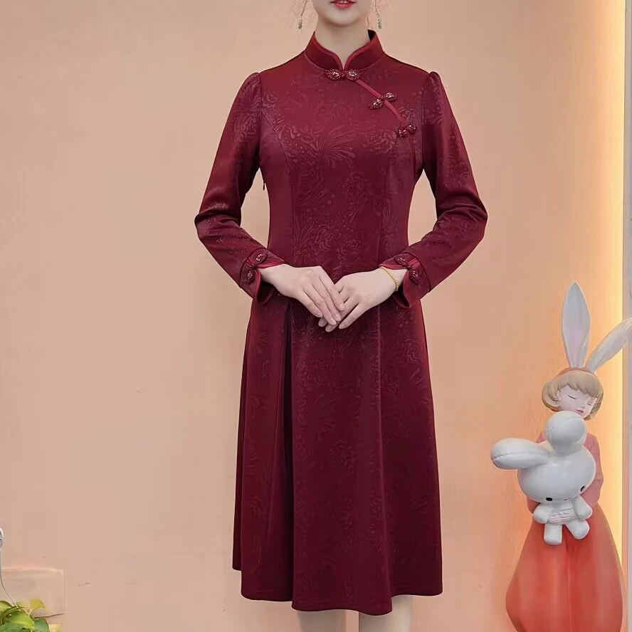 【梦雅衣橱】秋季新款气质修身洋气显瘦时尚长袖优雅中国风连衣裙