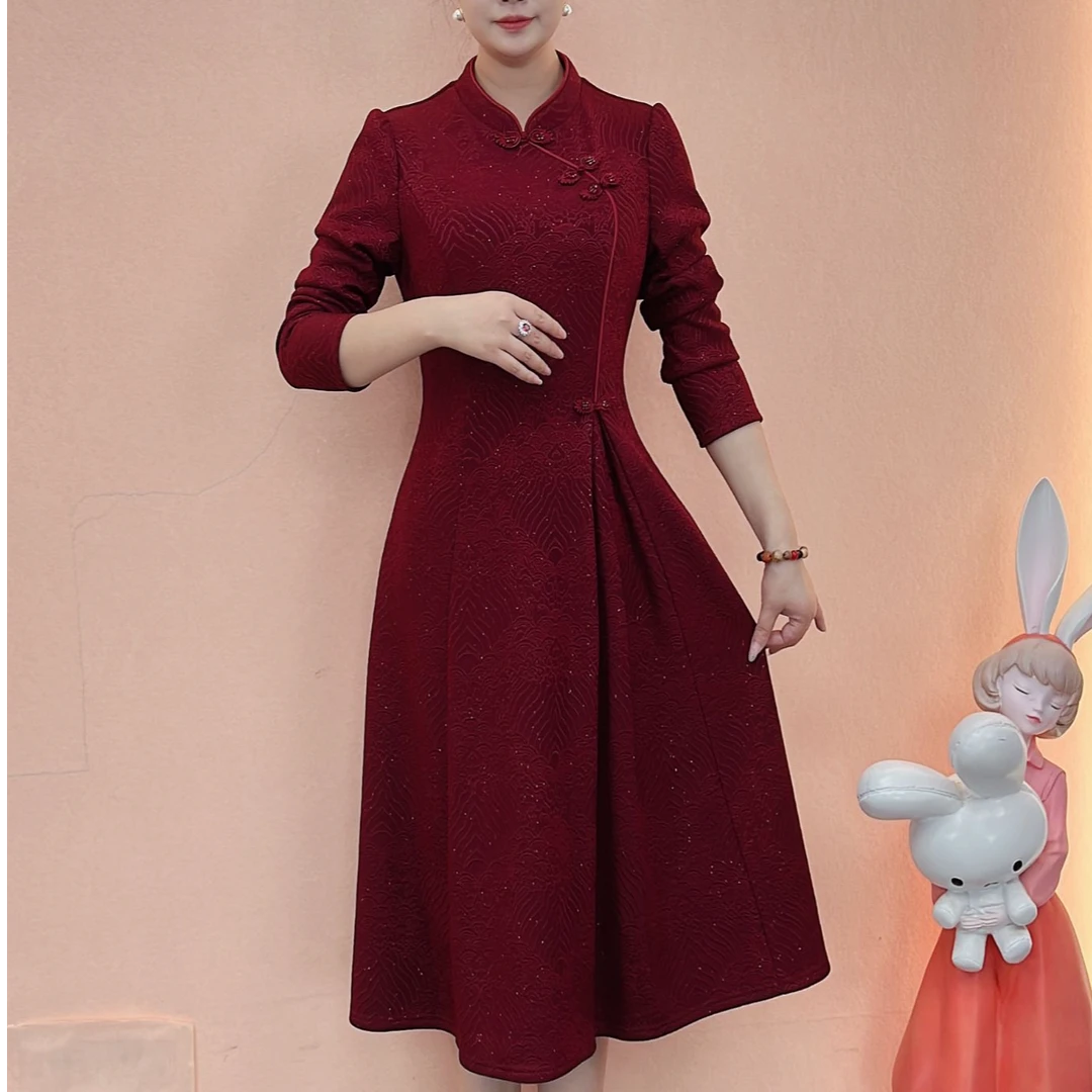 【梦雅衣橱】秋新款加绒加厚修身新中式立领显瘦气质国风连衣裙