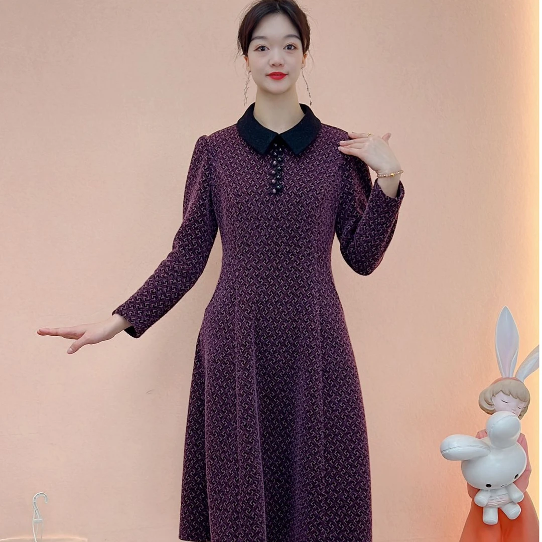 【妙妃女装】冬季加绒新款修身优雅气质显瘦国风气质圆领连衣裙