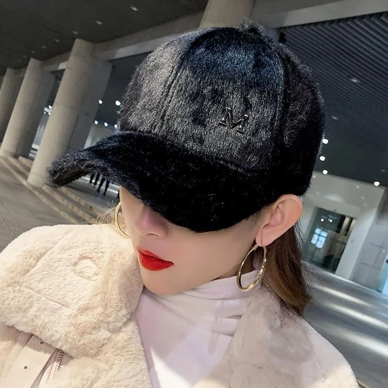 帽子女适合大圆脸仿水貂绒M标棒球帽秋冬款韩版潮时尚外贸显脸小