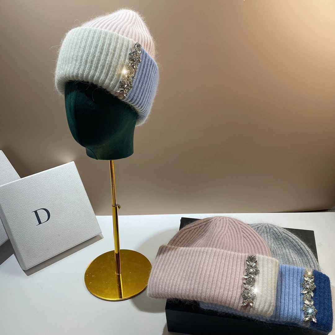 轻奢名媛小香风水钻兔毛针织帽欧美拼色毛线套头帽冬季保暖冷帽女