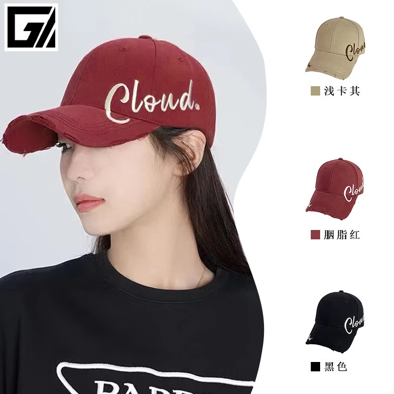 新款帽子硬顶百搭刺绣字母破洞街头显脸小加深加大鸭舌帽 棒球帽