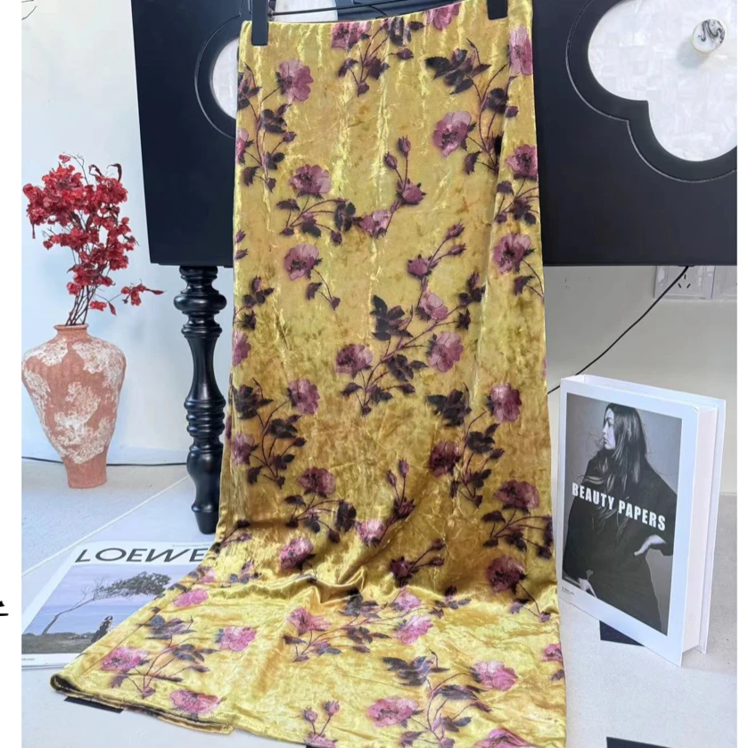 【奢华金】韩国绒花卉印花高贵典雅奢华感优雅大方后开叉半身裙