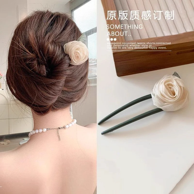 温柔好看U型山茶花发钗女夏季优雅气质后脑勺丸子头抓夹盘发簪子i