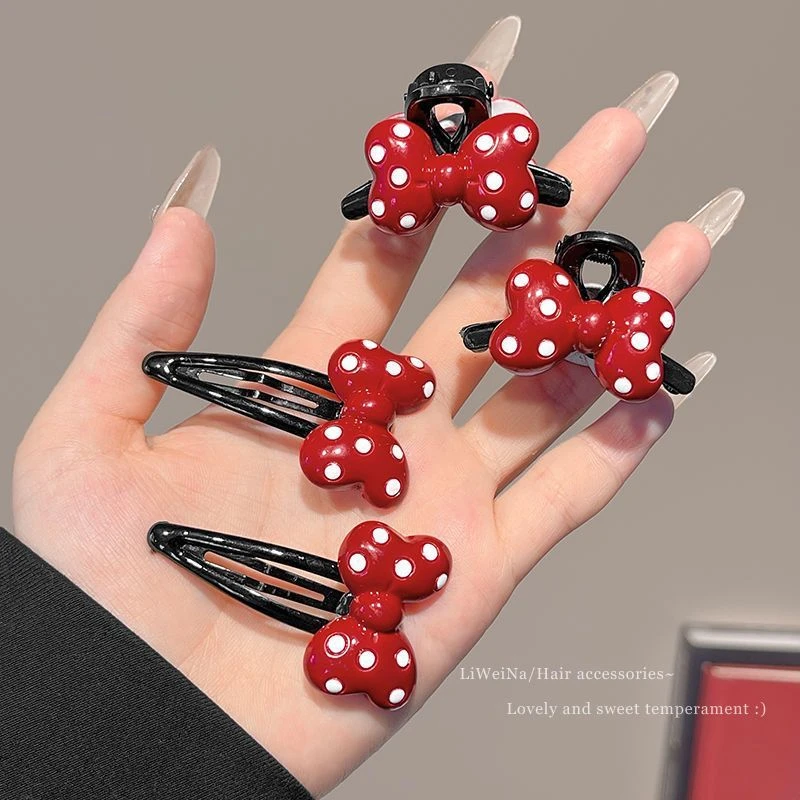 波点红色蝴蝶结发夹女公主头小抓夹前额侧边刘海夹碎发bb夹头饰夏