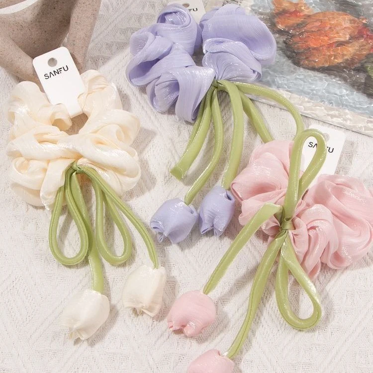 森系百搭少女郁金香发圈长飘圈发束清新甜美发饰大肠圈发绳女新款