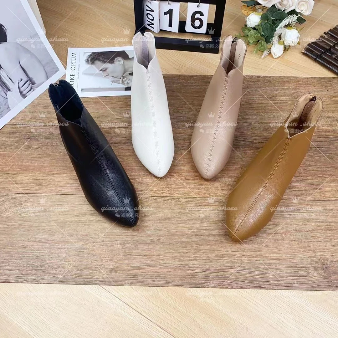 【翘颜女鞋】女尖头时尚百搭短筒软皮软底中跟切尔西瘦瘦单靴1711羊