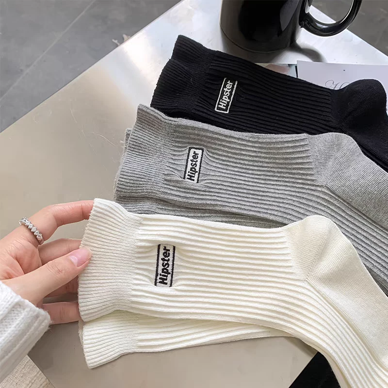 春秋白色袜子女中筒袜ins潮刺绣字母外穿堆堆袜时尚百搭运动长袜